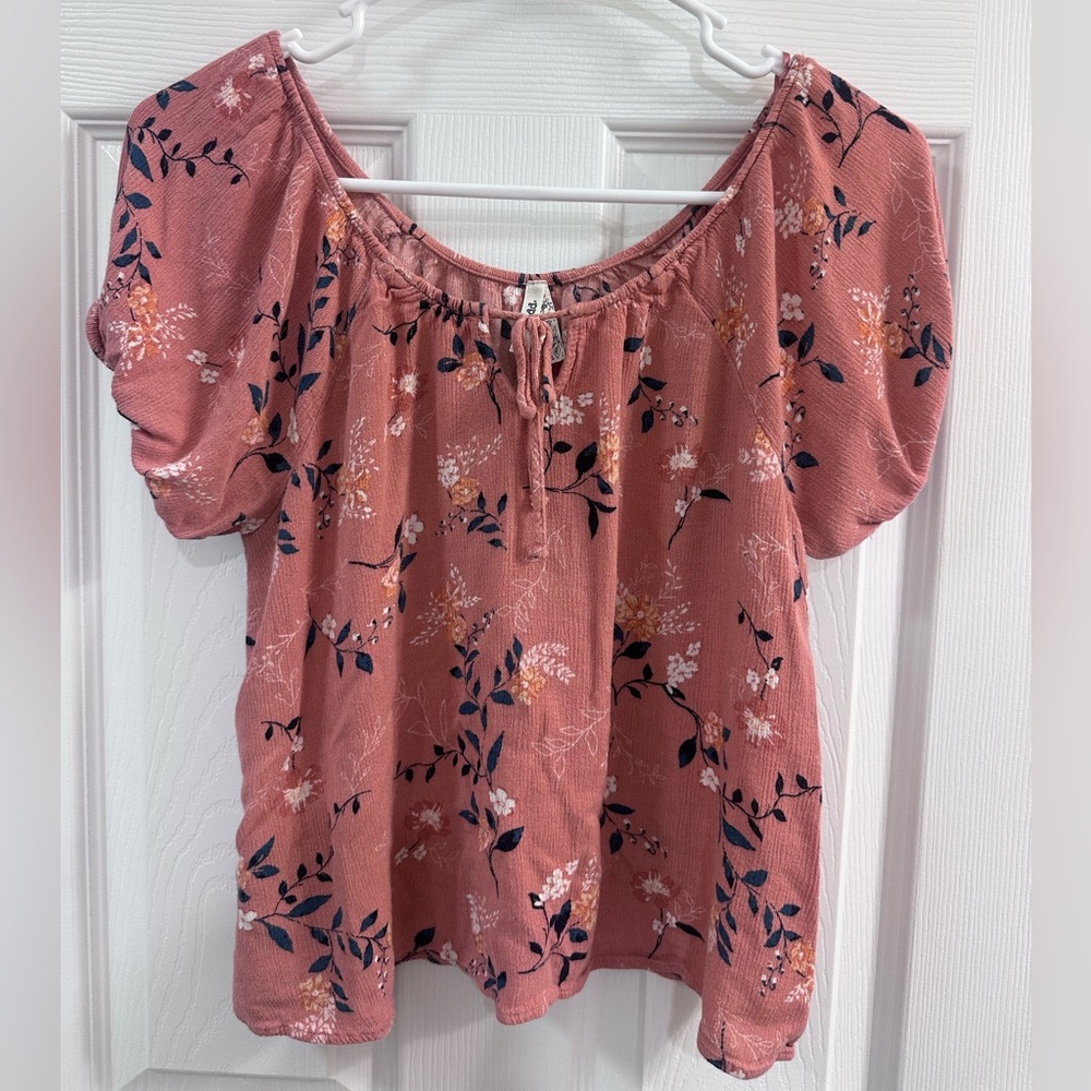 Mudd Pink Floral Keyhole Tie Bow Boho Peasant Gauze Blouse Size S